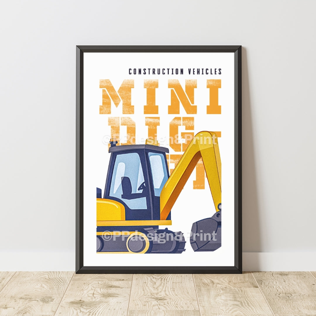 Mini Digger Construction Vehicles Art Print