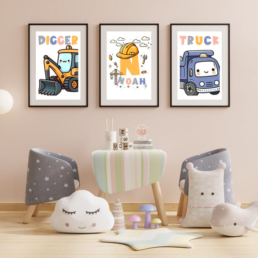 Personalised Construction Truck Nursery Prints set of 3