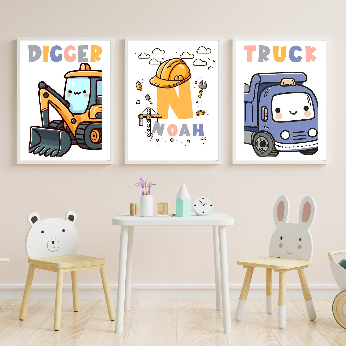 Personalised Construction Truck Nursery Prints set of 3