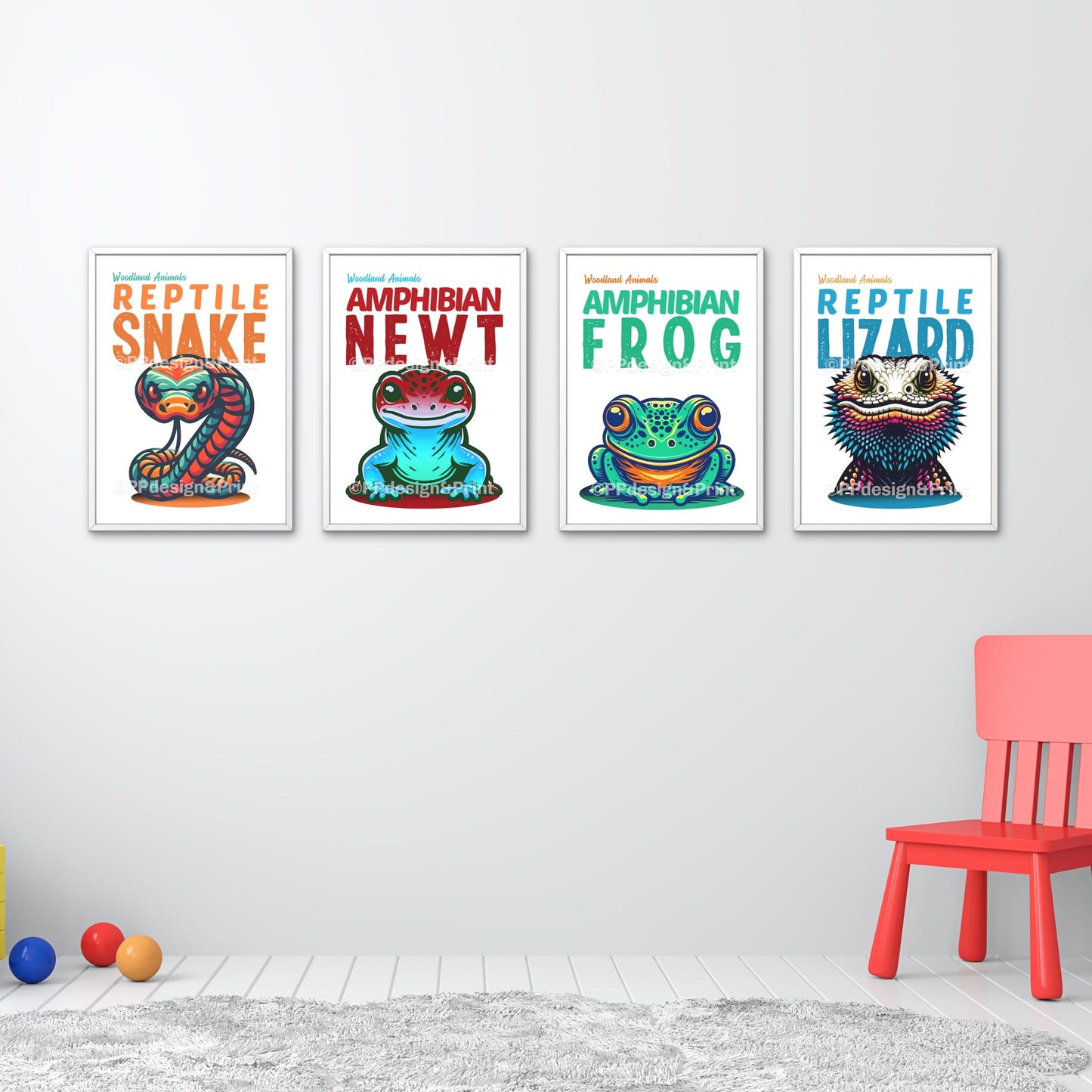 Reptile & Amphibian boys room prints Set of 4