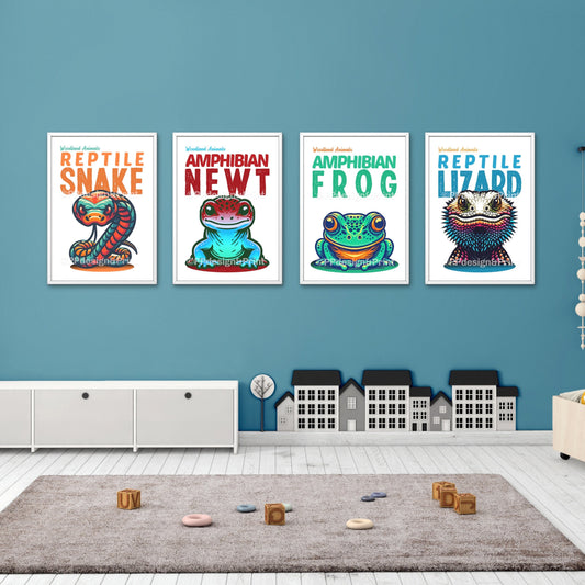 Reptile & Amphibian boys room prints Set of 4