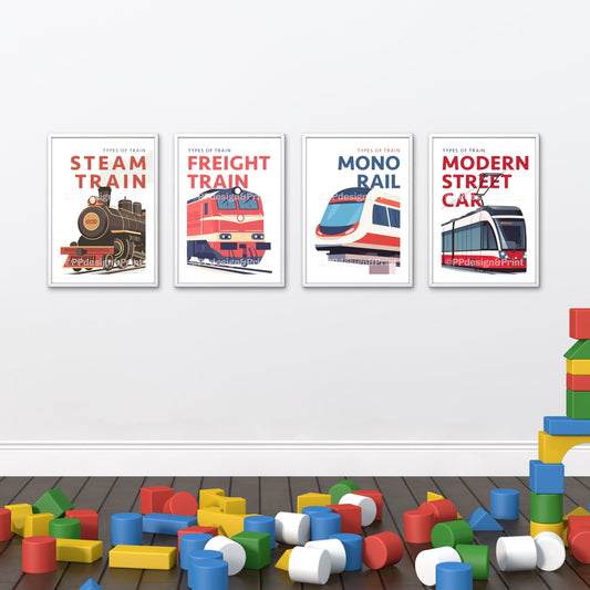 Train art boys room prints Set of 4