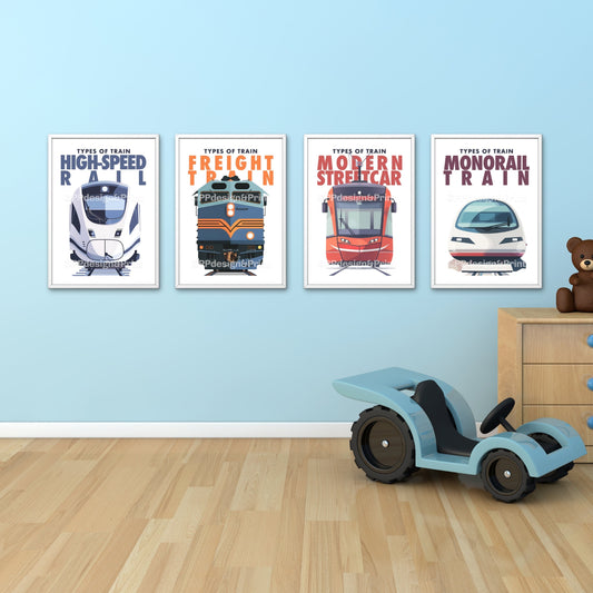 Train art boys room prints Set of 4