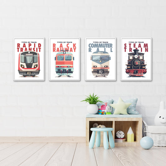 Train art boys room prints Set of 4